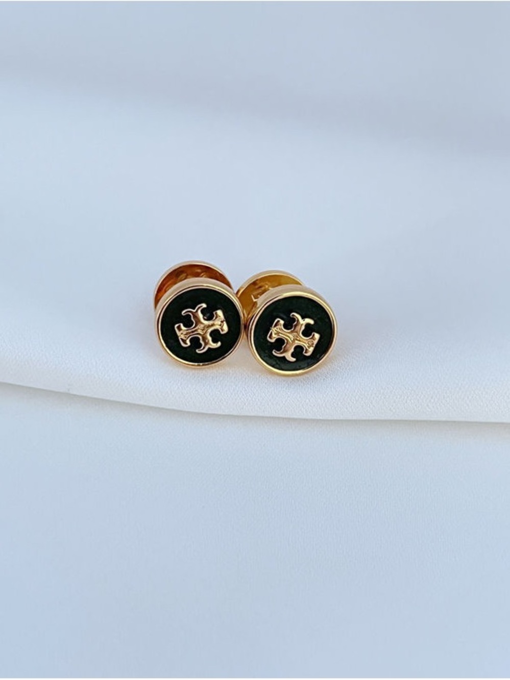 Tory Burch Gold and Black Logo Round Stud Earrings